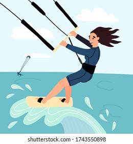 Funny young sportsmen girl kite surfer in wet suit ride a wave. Another kite surfer on background. Flat vector illustration on isolated background for your design.