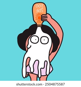 Funny Young Woman Applying Too Much Sunscreen On Her Body Concept Card Character illustration