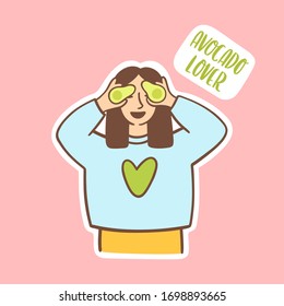 Funny young woman with avocado fruit. Text: Avocado lover. Cartoon colorful vector illustrationt for sticker, card, mug, brochures, poster etc.