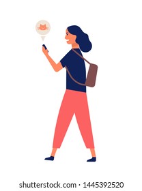 Funny young woman communicating via smartphone while walking. Happy girl surfing internet on mobile phone. Online or digital communication, social media addiction. Flat cartoon vector illustration.
