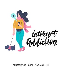 Funny young woman communicating via smartphone while walking with dog. Girl surfing internet on mobile phone. Online or digital communication, social media addiction. Flat cartoon vector illustration.