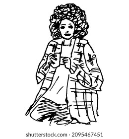 Funny young woman with curly hair in plaid jacket holding a cup. Female portrait. Hand drawn linear doodle rough sketch. Black ink silhouette on white background.