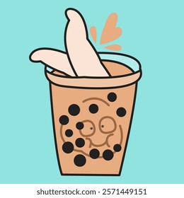 Funny Young Woman is Diving In A Cup Of Bubble Milk Tea Concept Cartoon Character illustration