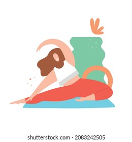 Funny young woman doing exercise on the mat. Pilates, fitness, yoga, sports, healthy lifestyle. Hand drawn vector illustration isolated on white background