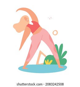 Funny young woman doing exercise. Pilates, fitness, yoga, sports, healthy lifestyle. Hand drawn vector illustration isolated on white background