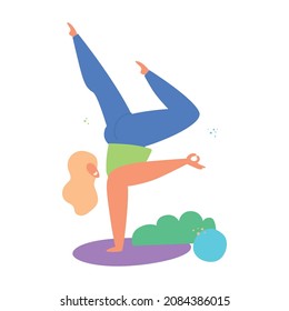 Funny young woman doing exercise upside down. Pilates, fitness, yoga, sports, aerobics, healthy lifestyle. Hand drawn vector illustration isolated on white background