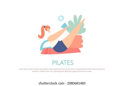 Funny young woman doing pilates.
Pilates courses, healthy lifestyle, fitness, yoga. For posters, banners, websites. Hand drawn vector illustration with text isolated on white background