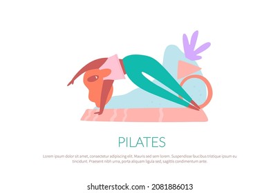 Funny young woman doing pilates.
Pilates courses, healthy lifestyle, fitness, yoga. For posters, banners, sites. Hand drawn vector illustration isolated on white background.