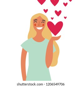 Funny young woman with heart. Valentines day background with Funny girl. You can use the print design for t-shirts, posters and cards