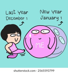 Funny Young woman is kicking Herself Stay Fat In The New Year Concept Cartoon Character illustration