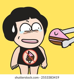 Funny Young Woman With No Food Allowed Sign In Her Tummy Concept Cartoon Character illustration