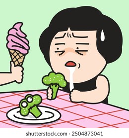 Funny Young Woman Prefer Icecream Rather Than A Broccoli In Hands Concept Card Character illustration