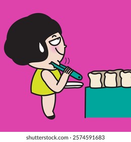 Funny Young Woman is Pulling Her Double Chin By Bread Tong Concept Cartoon Character illustration
