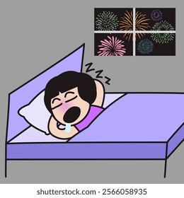 Funny Young woman is sleeping Through New Year's Eve With Loud Fireworks Concept Cartoon Character illustration