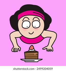Funny Young Woman In Sportswear Doing Push-up And Looking At Tasty Cake In Front Of Her Concept Card Character illustration
