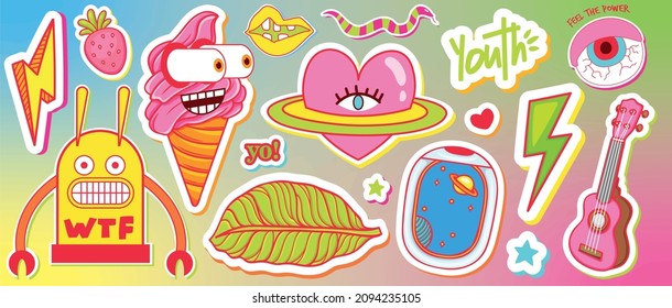 Funny youth background with crazy ice cream, heart, guitar, eye, airplane window, robot, lightning, lips, snake. Vector, neon set, collection of funny, trendy, cool, bright stickers with characters.