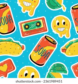 Funny youth culture retro stickers. A can of soda, a laughing smiley face, an audio tape, a hot dog. Vector seamless bright pattern, 90s style.