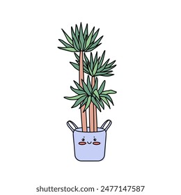 Funny Yucca elephantipes potted flower with muzzle. Kawaii houseplant with face. Cute cartoon vector illustration.
