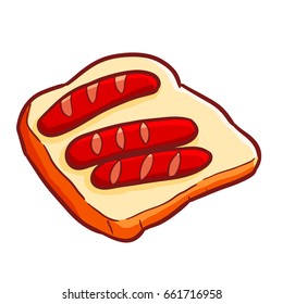 Funny and yummy bread with sausage on it ready to eat - vector.