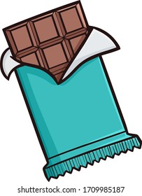Funny and yummy chocolate bar opened from its green blue packaging