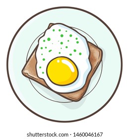 Funny and yummy fried egg on a brown bread ready for breakfast