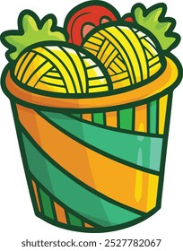 Funny and yummy green orange cup noodle cartoon illustration