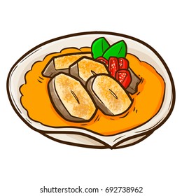 Funny and yummy Indonesian cuisine "Pangek Ikan". A traditional food from West Sumatera, made from fish and many spices with taste so savory - vector.