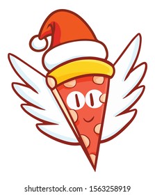 Funny and yummy pizza flying and wearing Santa's hat for christmas