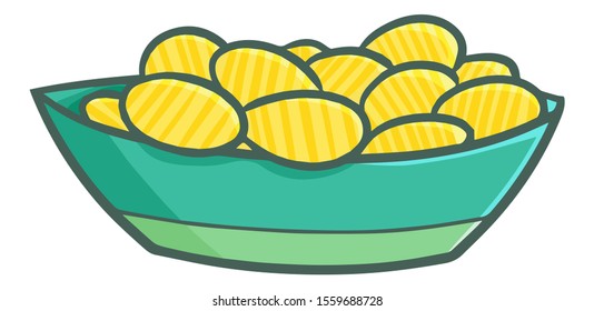 Funny and yummy potato chips in green bowl