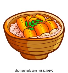 Funny and yummy roasted eel with rice in a bowl - vector.