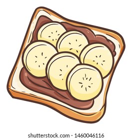 Funny and yummy single bread with chocolate and banana slices on it