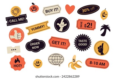 Funny and yummy sticker set. Vector design elements isolated on white background. Retro smiley faces and cartoon hands. Fruits comic labels. Sale or discount badges.