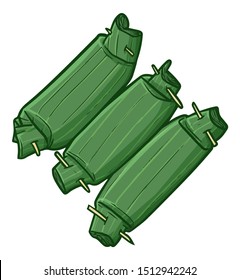 Funny and yummy three "Lemper", a long size Indonesian traditional cooked rice meals wrapped with banana leaf