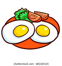 Funny and yummy two egg fried with tomatoes on red plate - vector.
