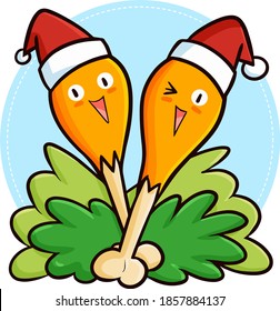 Funny and yummy two fried chicken thighs wearing Santa's hat for Christmas