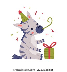 Funny Zebra with Black-and-white Striped Coat Sitting with Gift Box and Blowing Whistle Vector Illustration