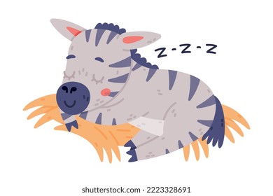 Funny Zebra with Black-and-white Striped Coat Sleeping on Hay Vector Illustration
