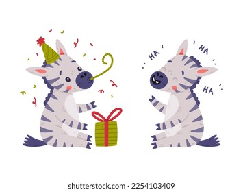 Funny Zebra with Black-and-white Striped Coat Laughing and Blowing Whistle Vector Set