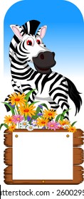 funny zebra cartoon posing with blank board