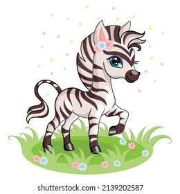 Funny personaje de cebra parado en el césped. Un animal africano lindo al estilo de las caricaturas. Ilustración vectorial aislada en fondo blanco. Para tarjeta, afiche, diseño, pegatinas, decoración de habitaciones, camiseta, ropa infantil.