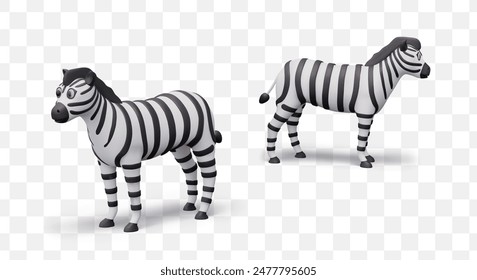 Funny zebra in different positions. Realistic striped herbivore