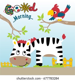 Funny zebra eating grass, bird on tree branches, vector cartoon illustration
