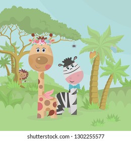 Funny Zebra with a giraffe on the nature. Color vector illustration, landscape with palm trees, trees, lion, grass.