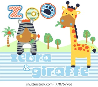 Funny zebra with giraffe in the zoo, vector cartoon illustration