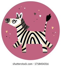 Funny zebra hand drawn flat vector illustration. Cute exotic animal with black stripes isolated on white background. Adorable exotic wildlife, cartoon character. Children s print for clothes, cards