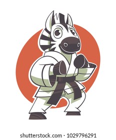 Funny zebra kid black belt martial arts master isolated vector illustration