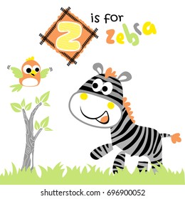 funny zebra with little bird, vector cartoon illustration