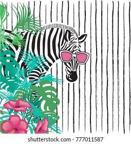 funny zebra in sunglasses in tropical leaves on a striped background, blank space for your inscription, vector illustration