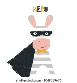 Funny zebra superhero kids graphic. Vector hand drawn illustration.
