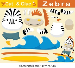 Funny zebra surfboarding. Education paper game for children. Cutout and gluing. Vector cartoon illustration
